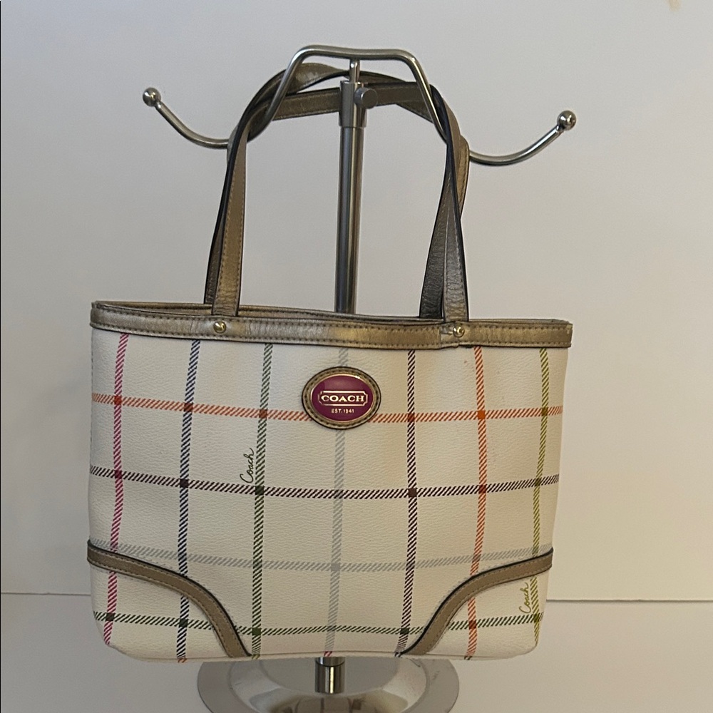 Coach White and Tan Plaid Leather Tote Bag Boho Y2K Colourful Adorable